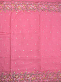 Jute lenin fancy saree rose pink color allover embroidery butis & embroidery border with running pallu and plan self blouse