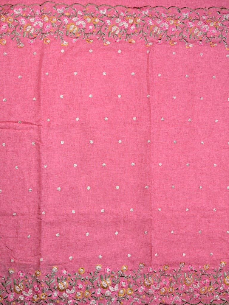 Jute lenin fancy saree rose pink color allover embroidery butis & embroidery border with running pallu and plan self blouse