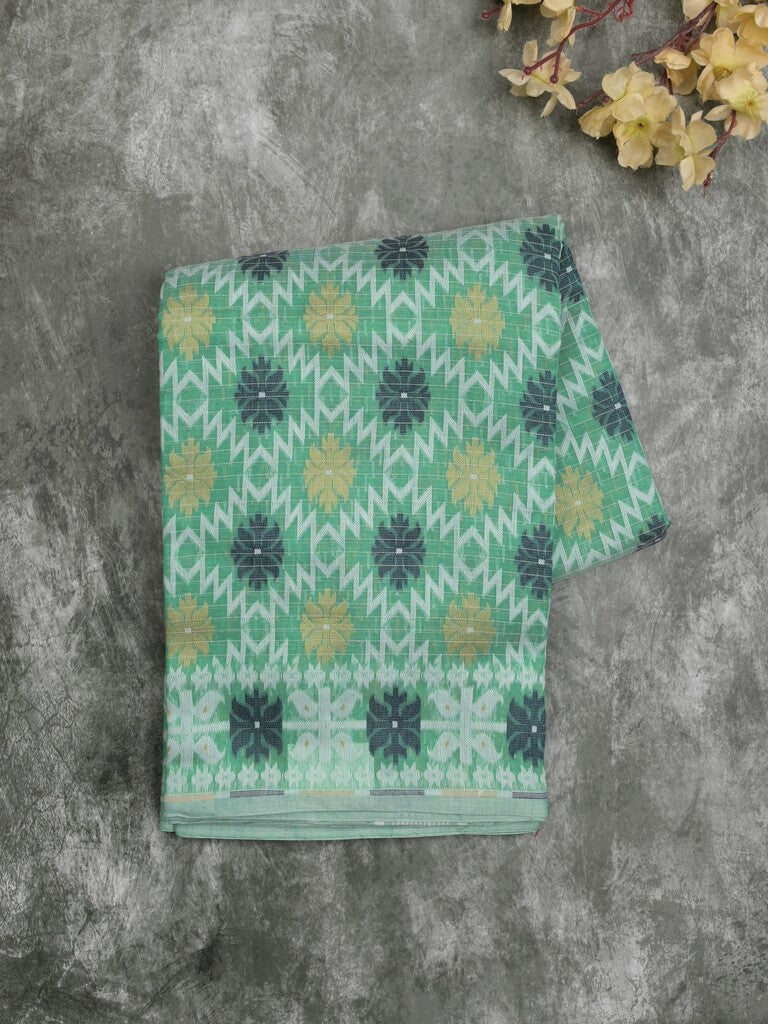 Jamdani cotton saree lux green color allover weaves & small border with weaving pallu and running blouse