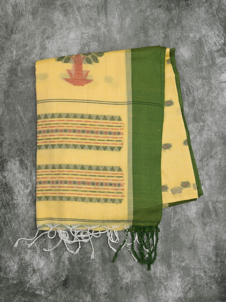 Khadi cotton saree light yellow color allover motifs & small kaddi border with weaving pallu and plain blouse