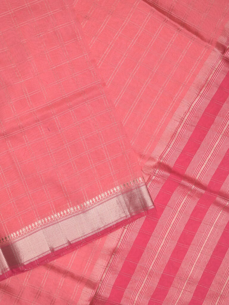 Maheshwari fancy saree baby pink color allover checks & zari border with contrast pallu and attached blouse