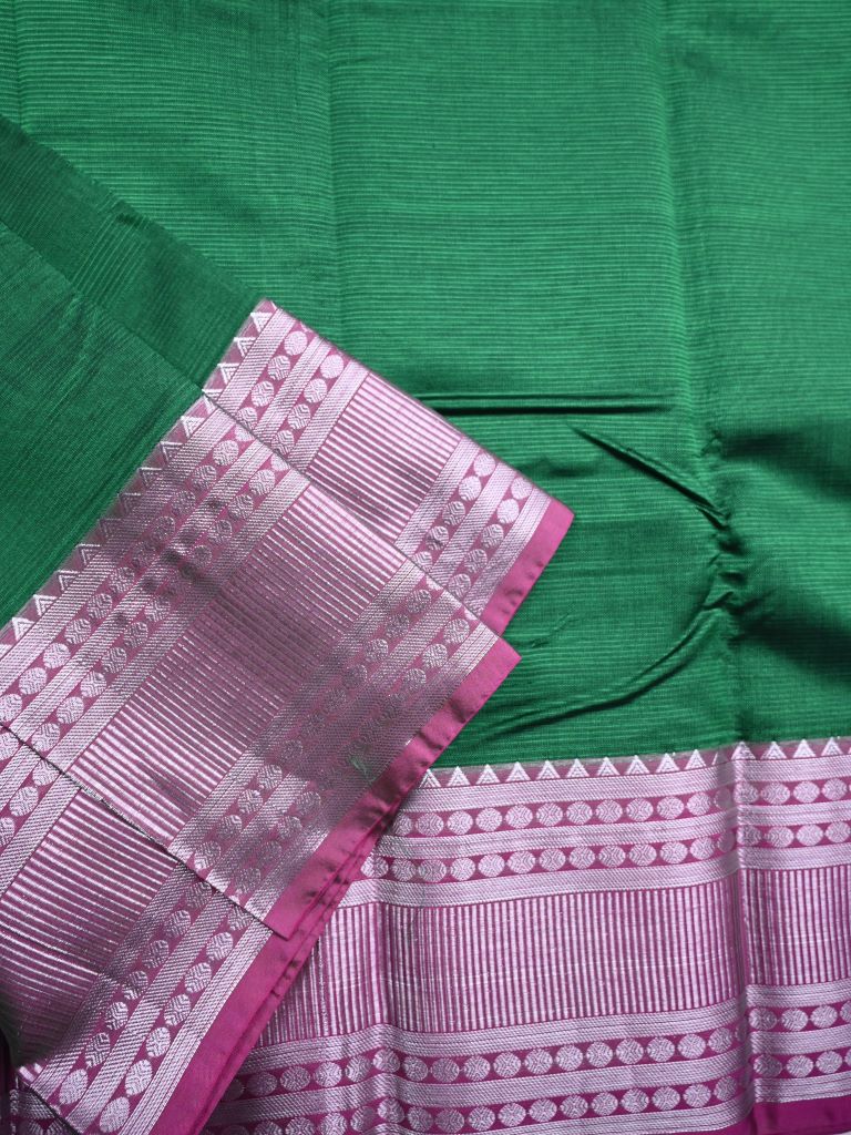 Mangalagiri fancy saree bottle green color allover plain & kanchi border with striped pallu and plain blouse