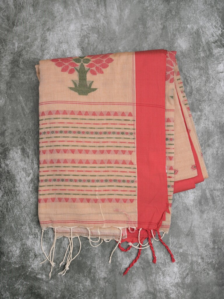 Khadi cotton saree light peach color allover motifs & small kaddi border with weaving pallu and plain blouse