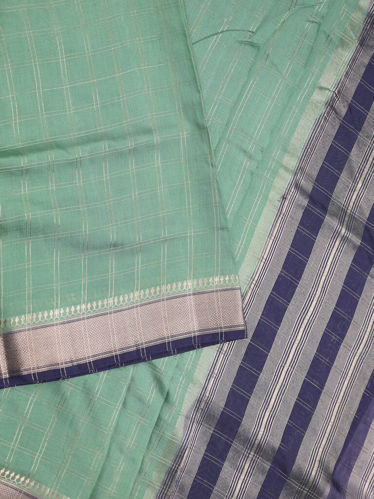 Maheshwari fancy saree lux green color allover checks & zari border with contrast pallu and attached blouse