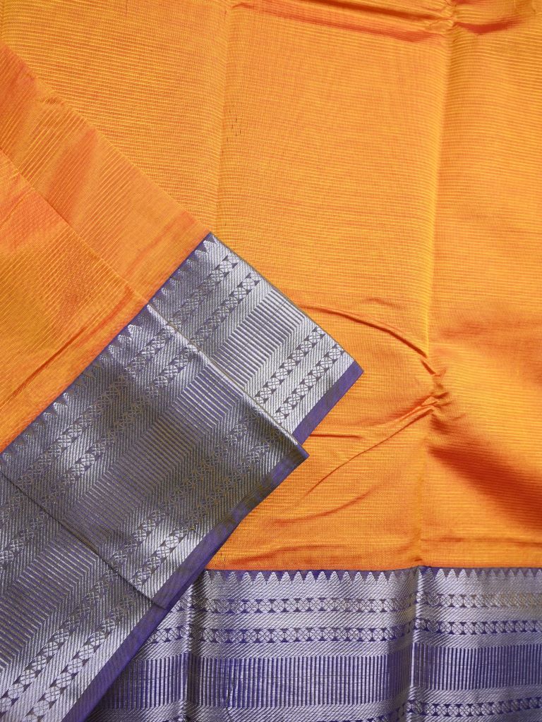 Mangalagiri fancy saree golden yellow color allover plain & kanchi border with striped pallu and plain blouse