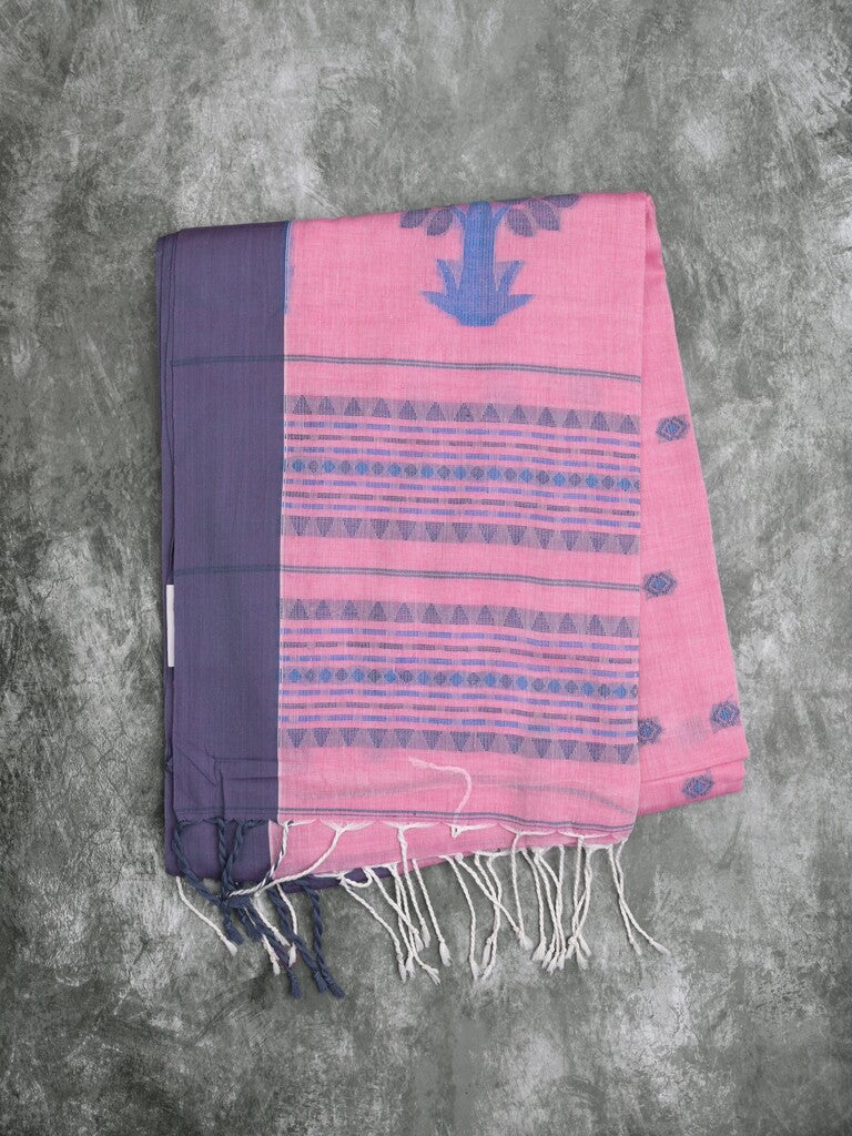 Khadi cotton saree light pink color allover motifs & small kaddi border with weaving pallu and plain blouse