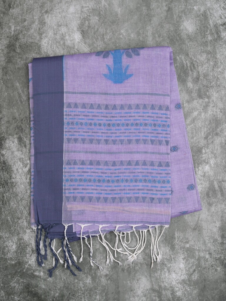 Khadi cotton saree light lavender color allover motifs & small kaddi border with weaving pallu and plain blouse