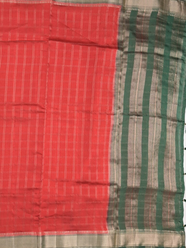 Maheshwari fancy saree red color allover checks & zari border with contrast pallu and attached blouse