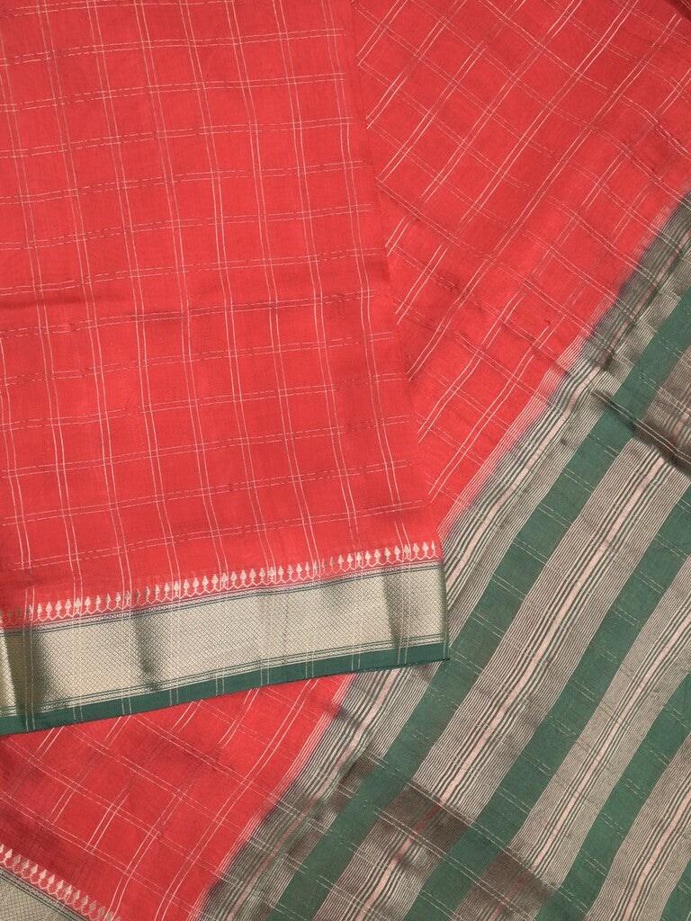 Maheshwari fancy saree red color allover checks & zari border with contrast pallu and attached blouse
