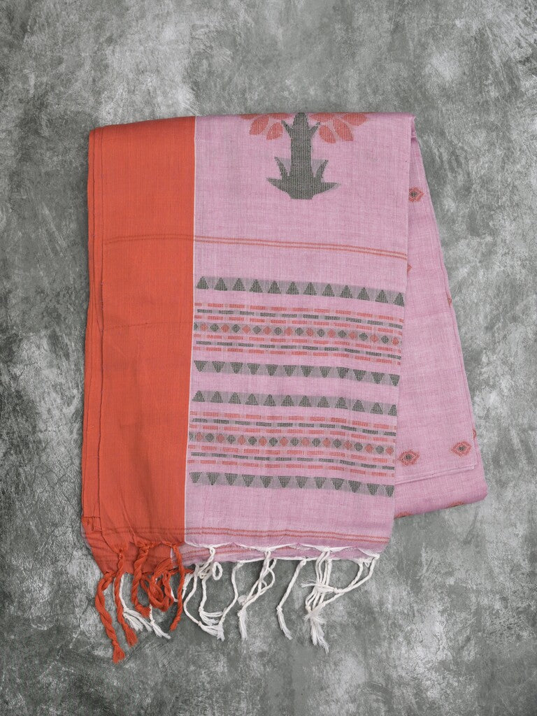 Khadi cotton saree light purple color allover motifs & small kaddi border with weaving pallu and plain blouse