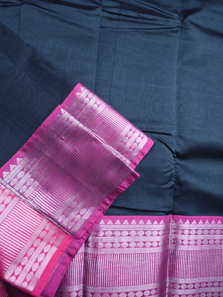 Mangalagiri fancy saree grey color allover plain & kanchi border with striped pallu and plain blouse