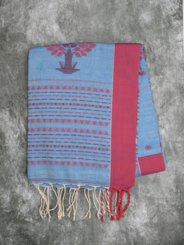 Khadi cotton saree sky blue color allover motifs & small kaddi border with weaving pallu and plain blouse