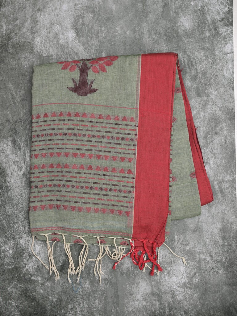 Khadi cotton saree grey color allover motifs & small kaddi border with weaving pallu and plain blouse