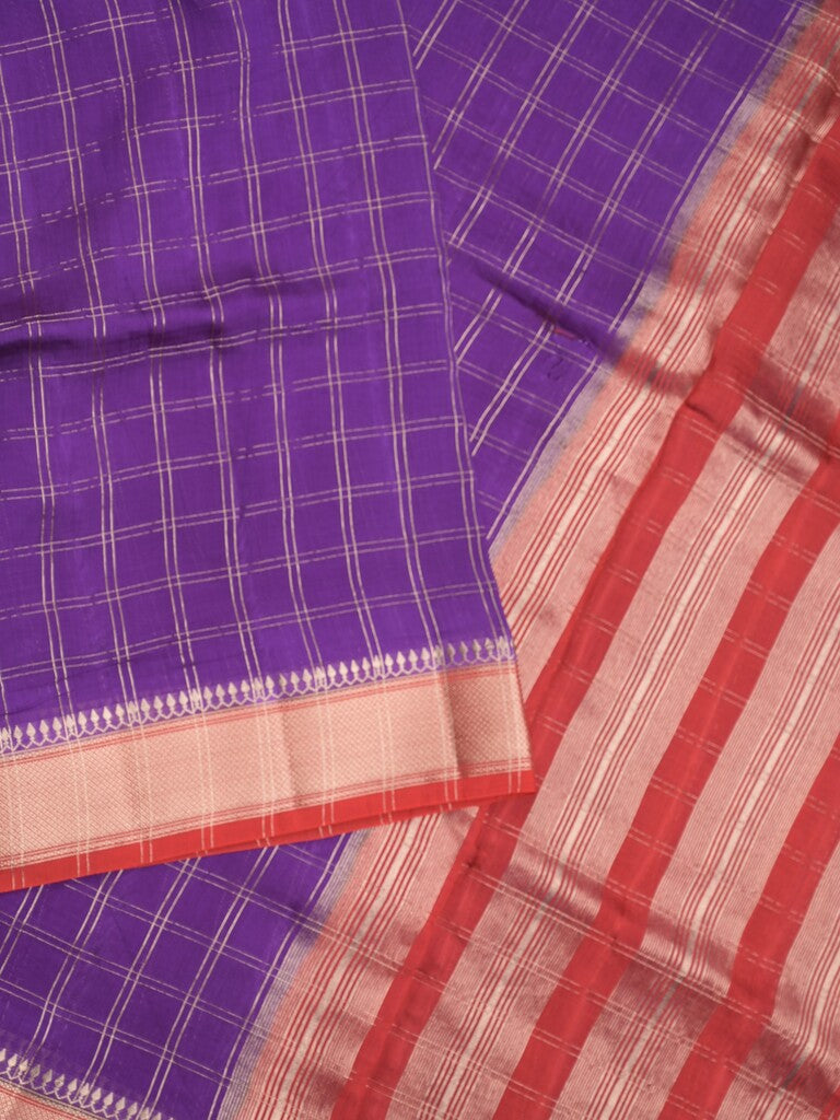 Maheshwari fancy saree purple color allover checks & zari border with contrast pallu and attached blouse