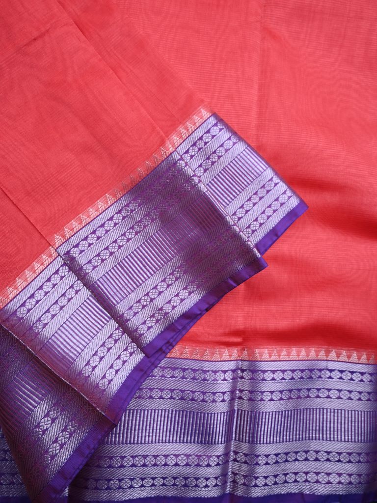Mangalagiri fancy saree red color allover plain & kanchi border with striped pallu and plain blouse