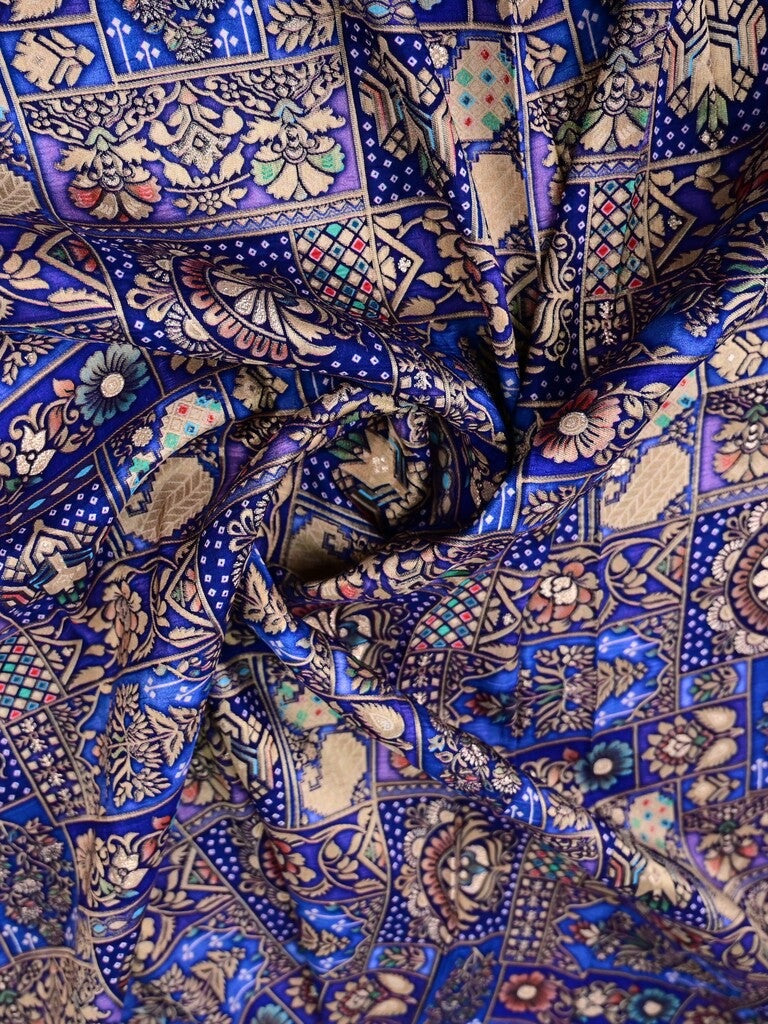 Blue color dola silk fabric with allover jacquard weaves