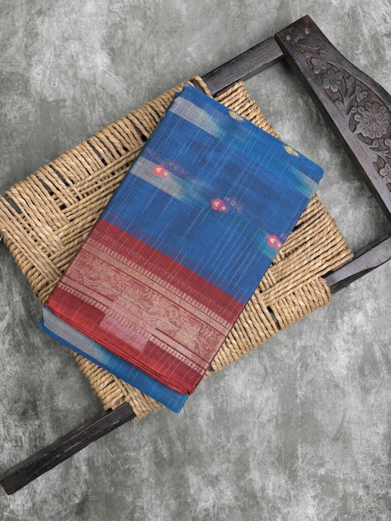 Dhaka cotton saree royal blue color allover weaves & Small zari border with contrast pallu