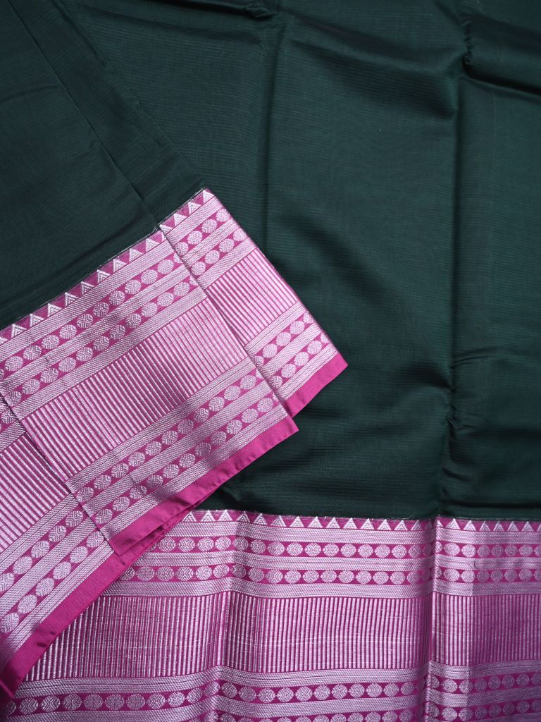 Mangalagiri fancy saree dark green color allover plain & kanchi border with striped pallu and plain blouse