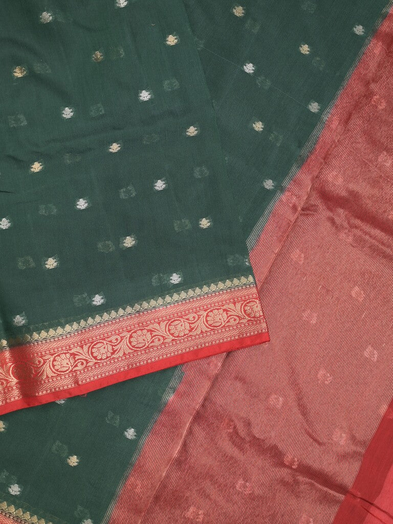 Maheshwari fancy saree dark green color allover zari motifs & zari border with contrast pallu and attached blouse