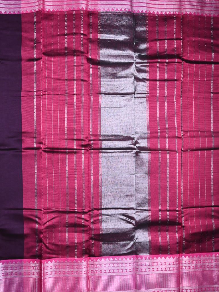 Mangalagiri fancy saree dark wine color allover plain & kanchi border with striped pallu and plain blouse