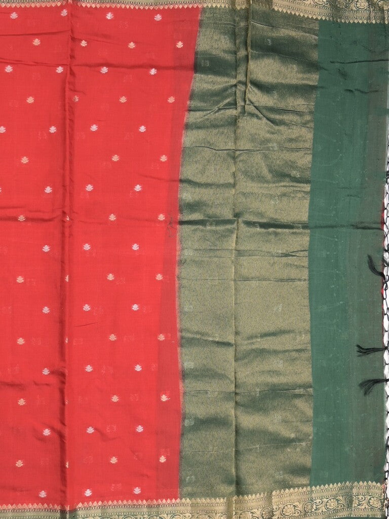 Maheshwari fancy saree red color allover zari motifs & zari border with contrast pallu and attached blouse