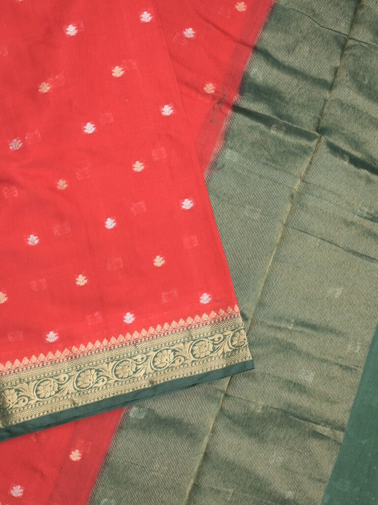 Maheshwari fancy saree red color allover zari motifs & zari border with contrast pallu and attached blouse