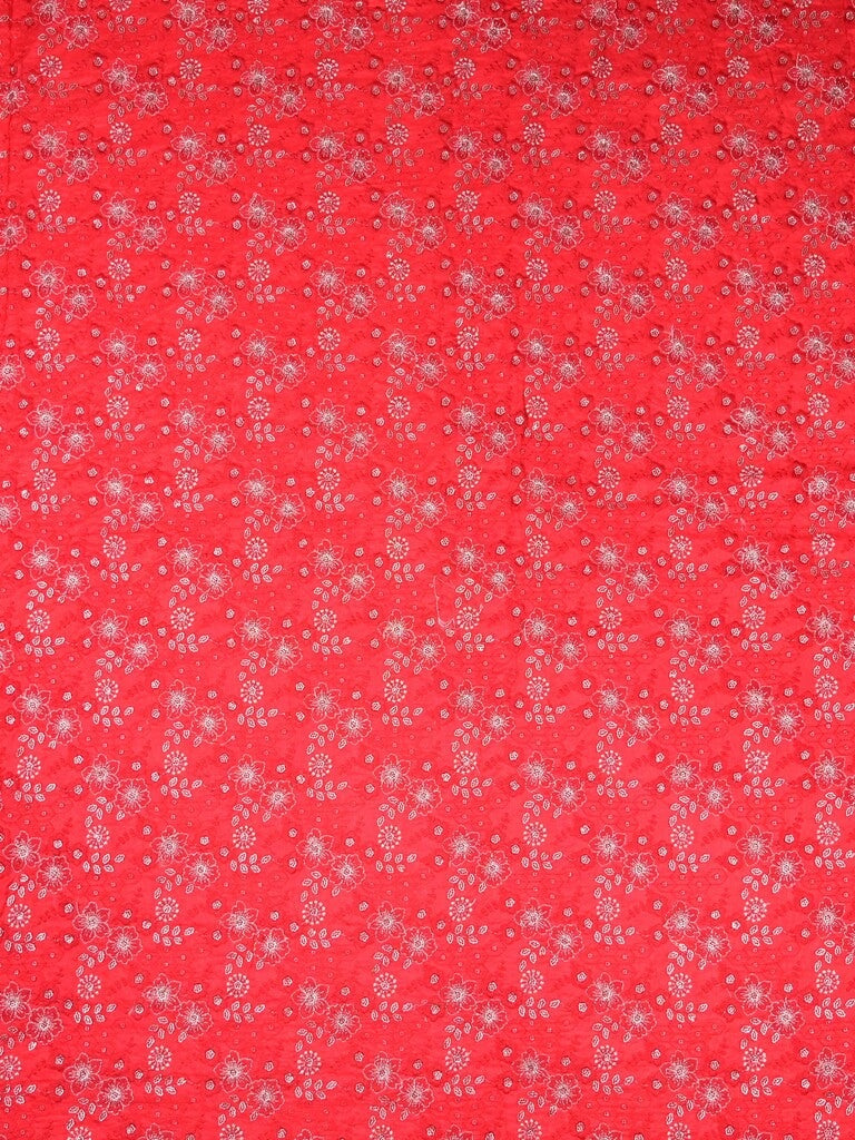 Red color dola silk fabric with allover embroidery work