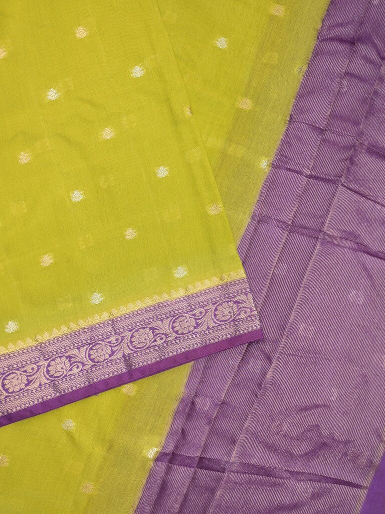 Maheshwari fancy saree parrot green color allover zari motifs & zari border with contrast pallu and attached blouse