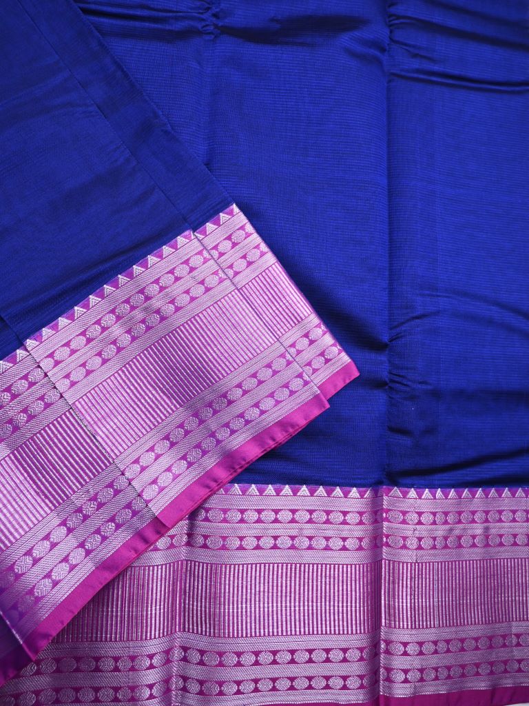 Mangalagiri fancy saree royal blue color allover plain & kanchi border with striped pallu and plain blouse