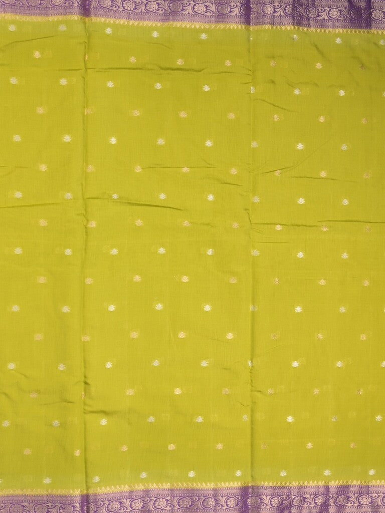 Maheshwari fancy saree parrot green color allover zari motifs & zari border with contrast pallu and attached blouse