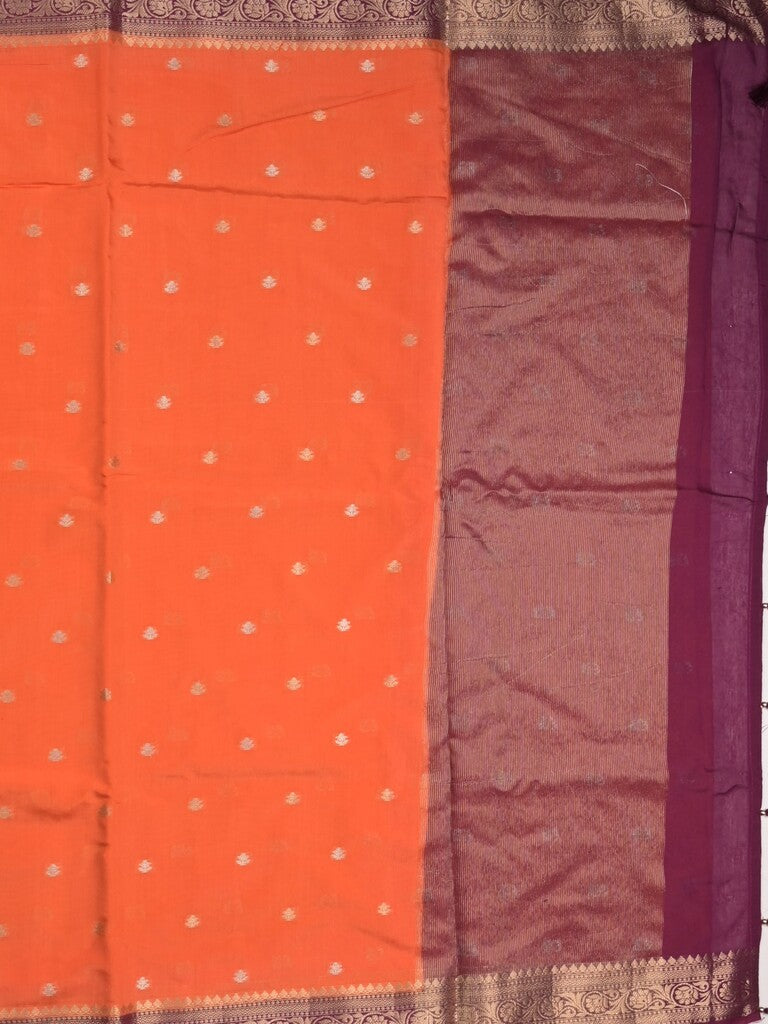 Maheshwari fancy saree orange color allover zari motifs & zari border with contrast pallu and attached blouse