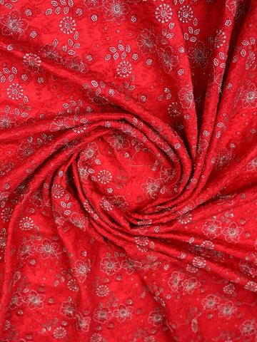 Red color dola silk fabric with allover embroidery work