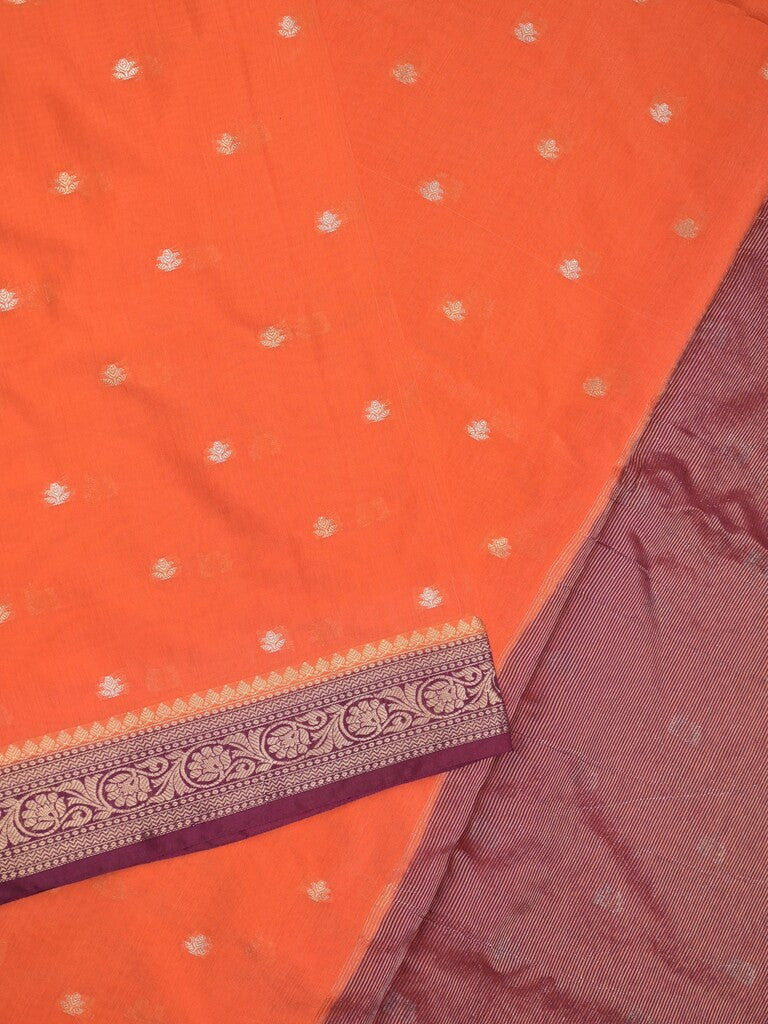 Maheshwari fancy saree orange color allover zari motifs & zari border with contrast pallu and attached blouse