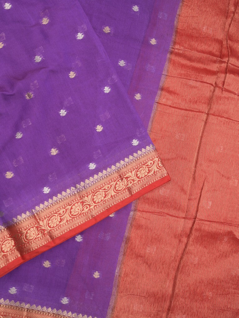 Maheshwari fancy saree purple color allover zari motifs & zari border with contrast pallu and attached blouse