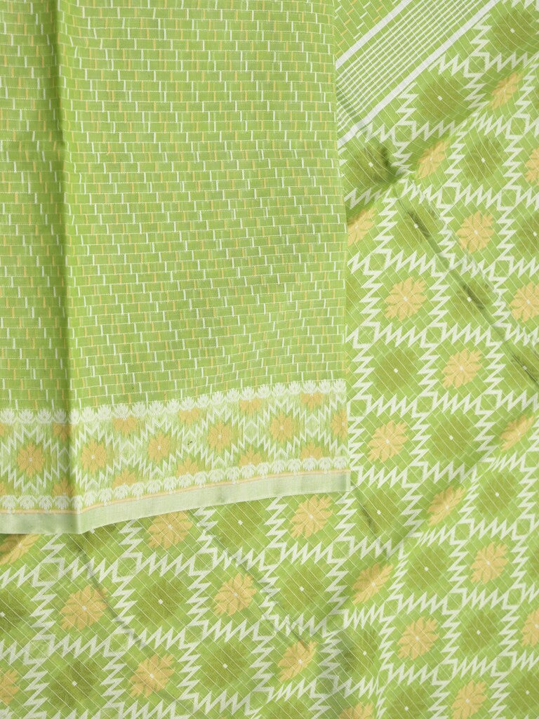 Jamdani cotton saree light parrot green color allover weaves & small border with weaving pallu and running blouse