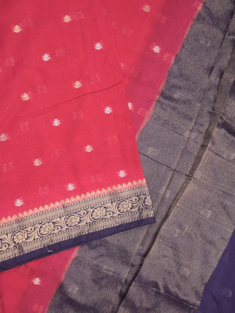 Maheshwari fancy saree pink color allover zari motifs & zari border with contrast pallu and attached blouse