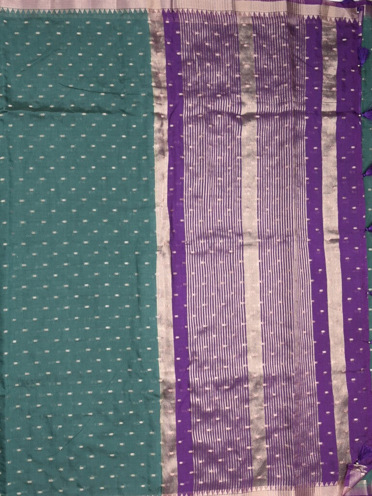 Maheshwari fancy saree peacock green color allover zari motifs & zari border with contrast pallu and attached blouse
