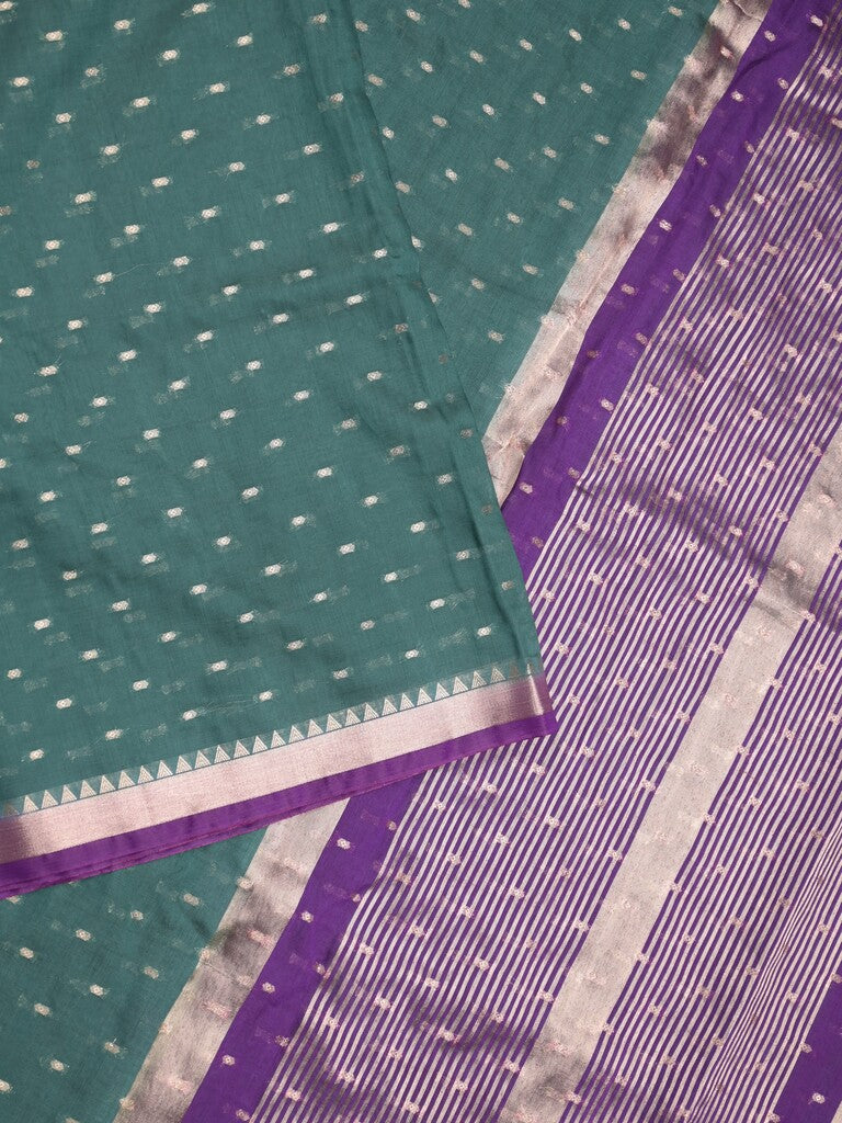 Maheshwari fancy saree peacock green color allover zari motifs & zari border with contrast pallu and attached blouse