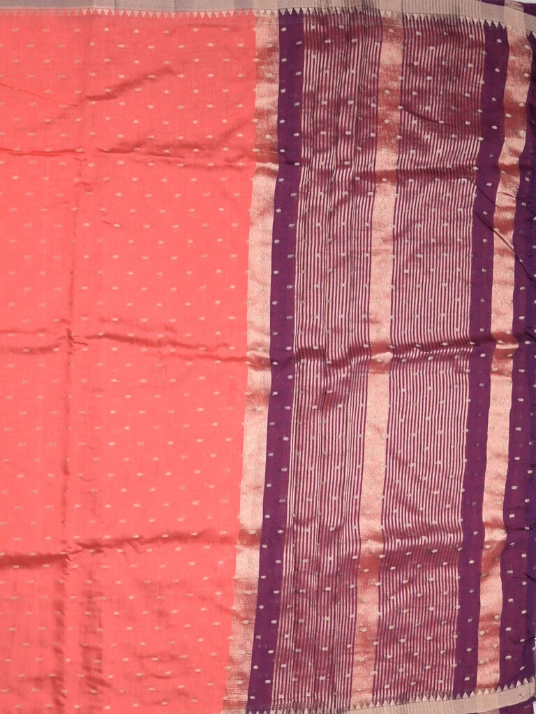 Maheshwari fancy saree coral pink color allover zari motifs & zari border with contrast pallu and attached blouse