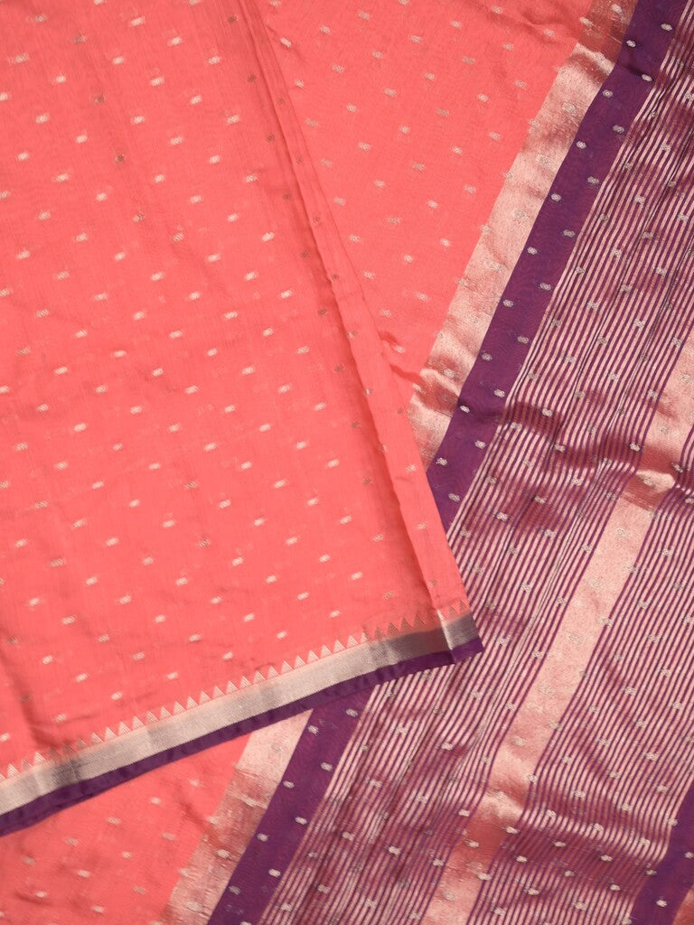 Maheshwari fancy saree coral pink color allover zari motifs & zari border with contrast pallu and attached blouse