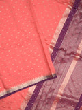Maheshwari fancy saree coral pink color allover zari motifs & zari border with contrast pallu and attached blouse