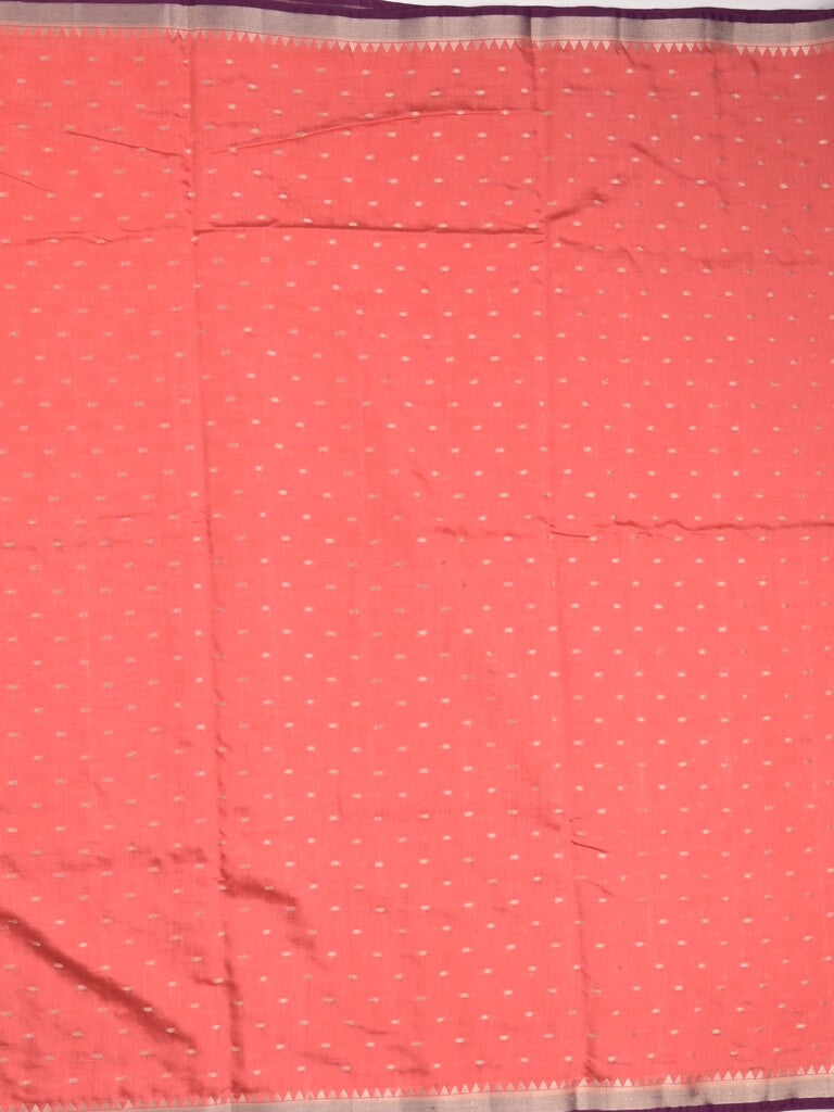 Maheshwari fancy saree coral pink color allover zari motifs & zari border with contrast pallu and attached blouse