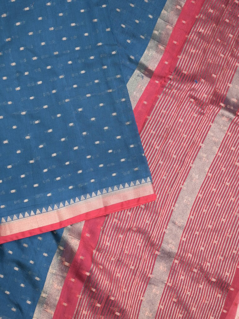 Maheshwari fancy saree blue color allover zari motifs & zari border with contrast pallu and attached blouse