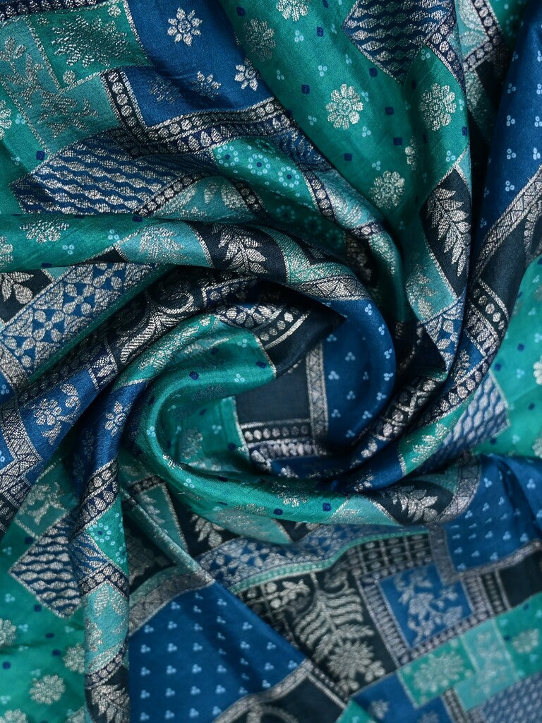 Blue color dola silk fabric with allover jacquard weaves