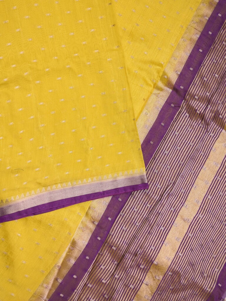 Maheshwari fancy saree yellow color allover zari motifs & zari border with contrast pallu and attached blouse