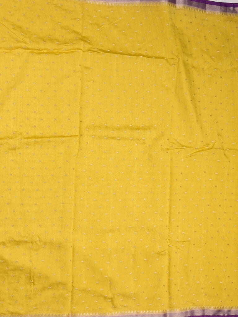Maheshwari fancy saree yellow color allover zari motifs & zari border with contrast pallu and attached blouse