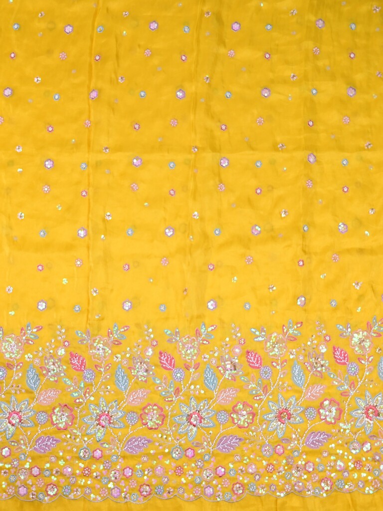 Golden yellow color dola silk fabric with allover embroidery work