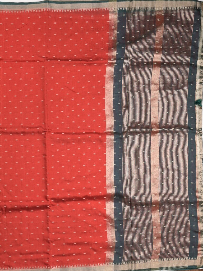 Maheshwari fancy saree red color allover zari motifs & zari border with contrast pallu and attached blouse