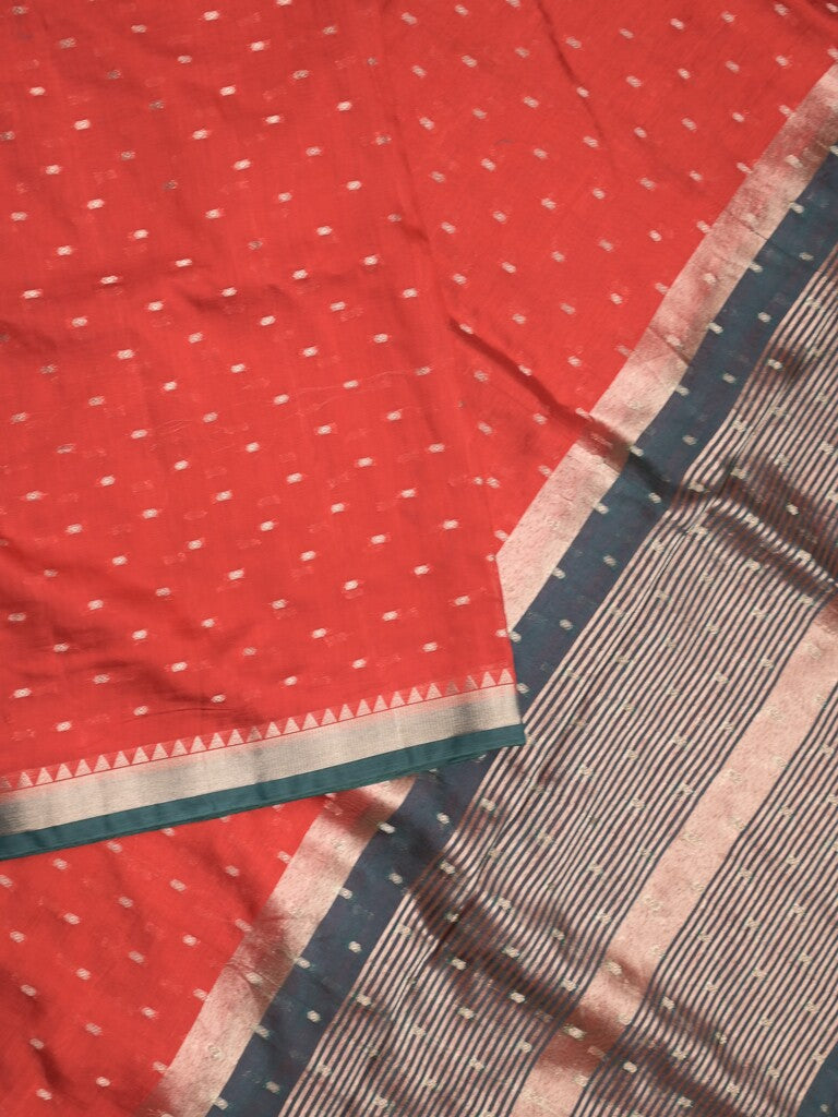 Maheshwari fancy saree red color allover zari motifs & zari border with contrast pallu and attached blouse