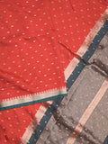 Maheshwari fancy saree red color allover zari motifs & zari border with contrast pallu and attached blouse